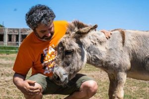 Un volontario LAV con uno degli animali presenti sull'isola