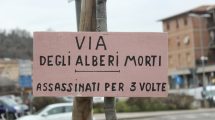 Un cartello appeso da ignoti su una piantumazione in largo Campidoglio.